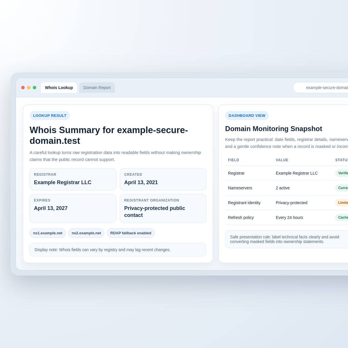 Whois lookup dashboard showing privacy-safe domain data display.
